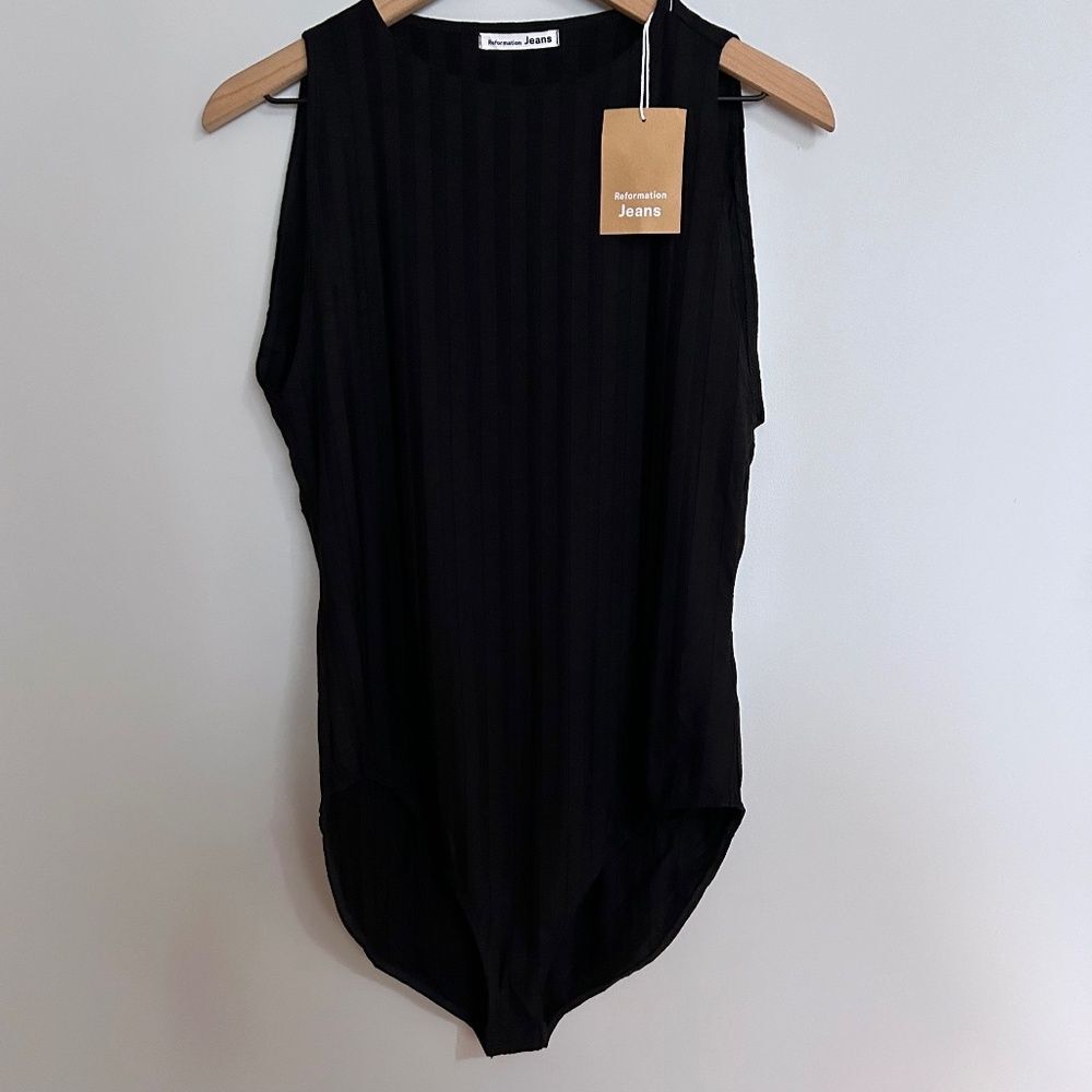 Reformation Black Ribbed Stretch Bodysuit